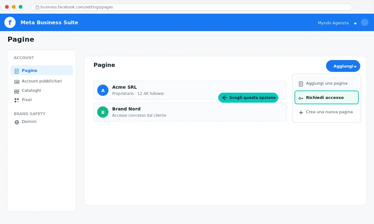 Aggiunta pagina Facebook cliente a Business Manager Meta Agenzia