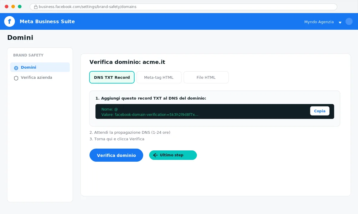 Verifica dominio su Meta Business Manager con DNS TXT record