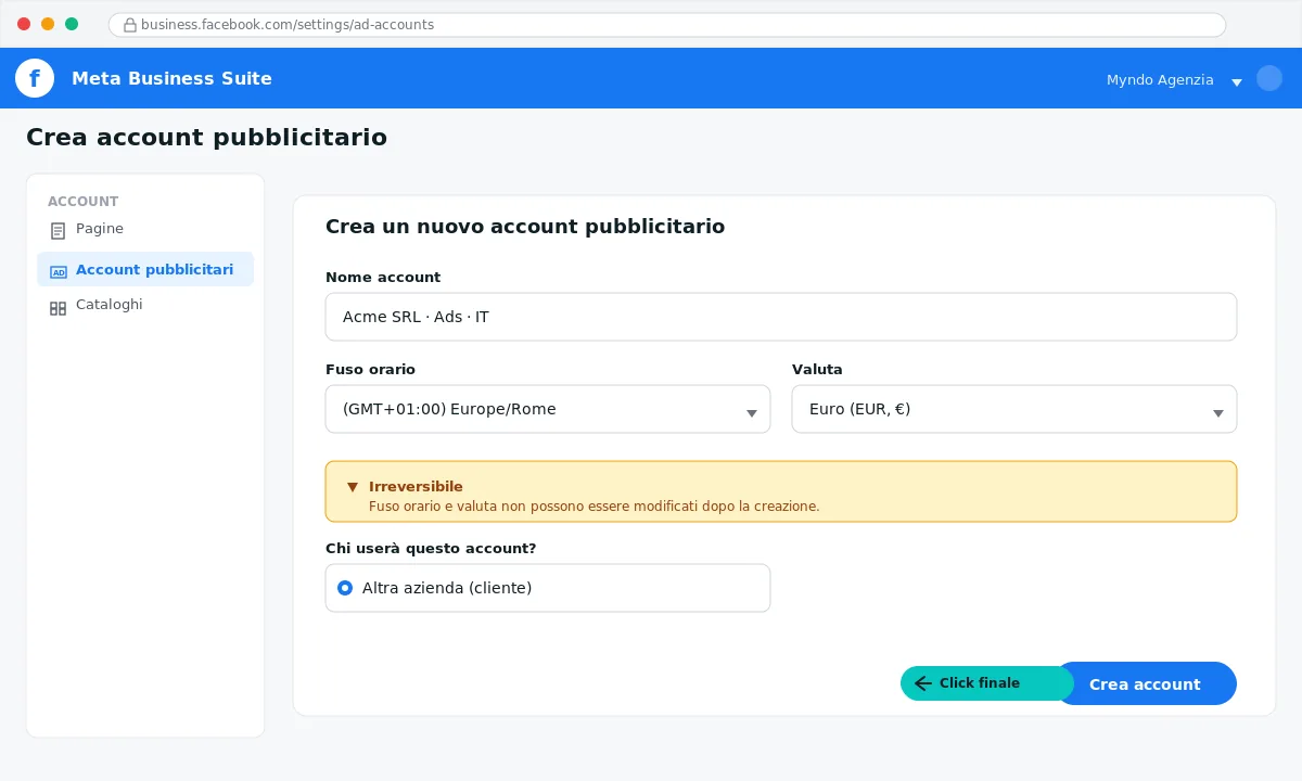 Creazione account pubblicitario Meta per agenzia cliente 2026
